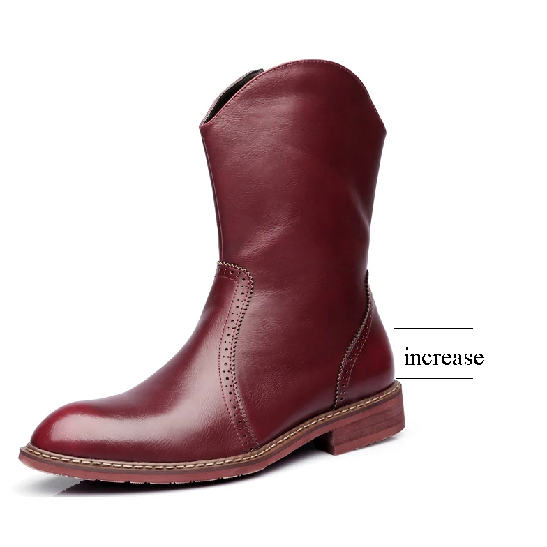 Men Motorcycle Boots Vintage Combat Boot Winter Fur Genuine Cow Leather Waterproof Buckle Military Boots Men Increase Shoes - Цвет: Red Increase