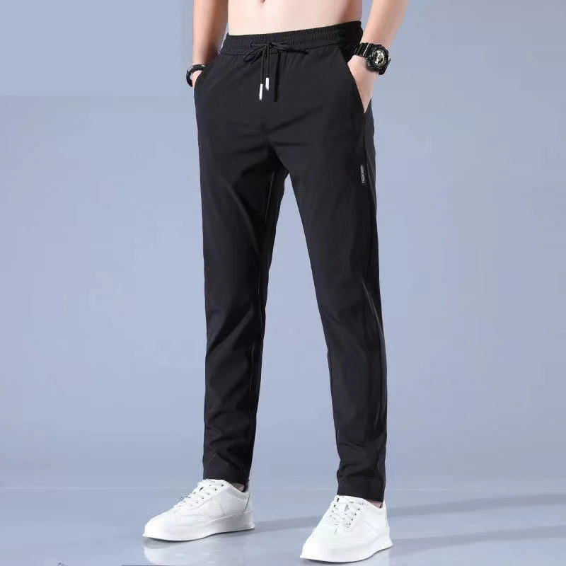 2021 Men Casual Pants Ice Silk Quick Dry Male Trousers Solid Color Elastic Clothing Sportswear Workout Joggers Sweatpants Men images - 6