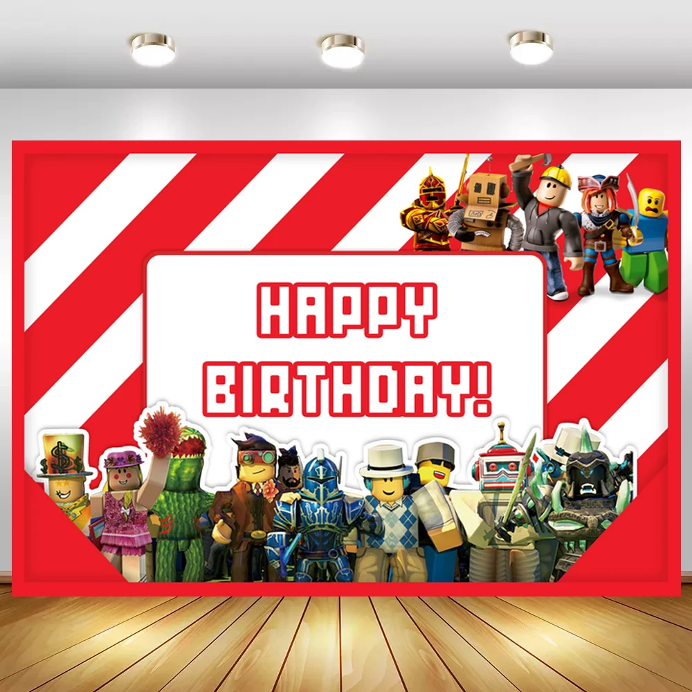 

Red White Striped Roblox Robots Happy Birthday Background Photography Boy Toys Game Party Backdrops Vinyl Cake Table Decor