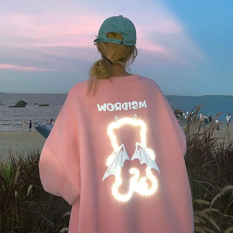 

Autumn and Winter Reflective Bear Hoodie Women's New Harajuku-Style Loose-Fit Pullover Jacket Long-Sleeve Top