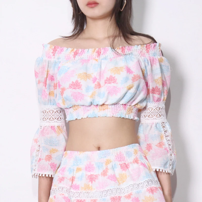 

TWOTWINSTYLE Vintage Print Two Piece Set For Women Slash Neck Long Sleeve Top High Waist Skirt Hit Color Sets Female Summer 2021