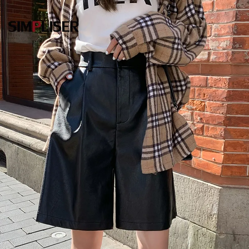 Женские широкие брюки из искусственной кожи капри до колен свободные с высокой