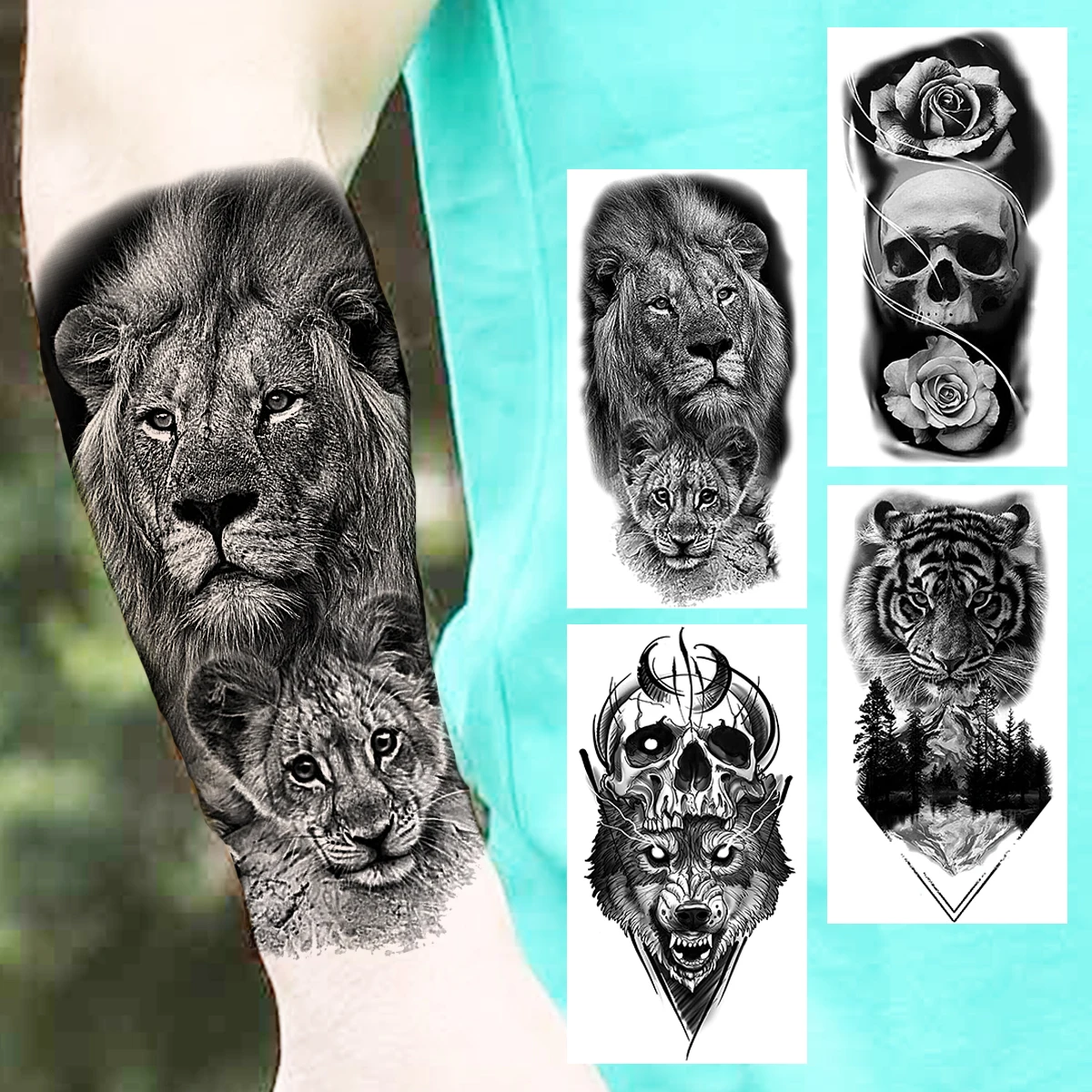 Sketch Lion Temporary Tattoos For Men Adults Realistic Wolf Skull Tiger Forest Fake Tattoo Sticker Forearm Tatoos Legs