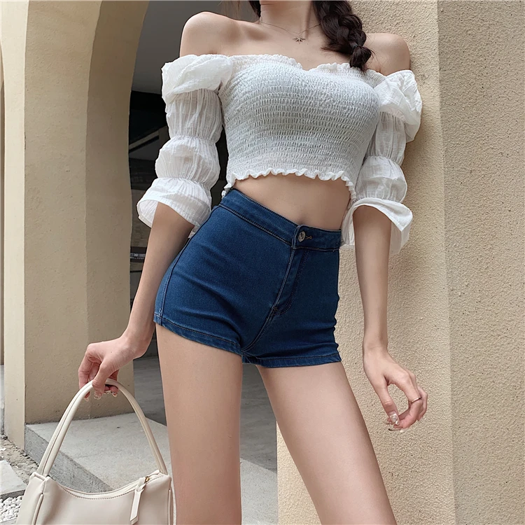 

Basic Denim Shorts Women Fashion High Waist Cotton Heart Pocket Shorts Girls Elastic Slim Jeans Bottoms