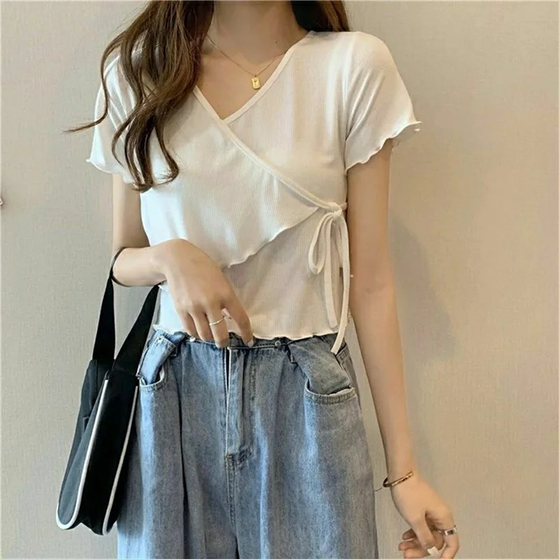 

Casual Loose Women Tshirts Short Sleeve Summer V-neck Lace-up Solid Ladies Chiffon Blouses and Tops Big Size Black White Blue