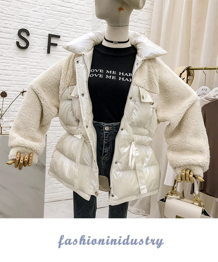 Mooirue Winter Casual Parkas Sherpa Fleece Patchwork Drawstring Lace Up Vintage Coats Harajuku Jackets Female white Coats