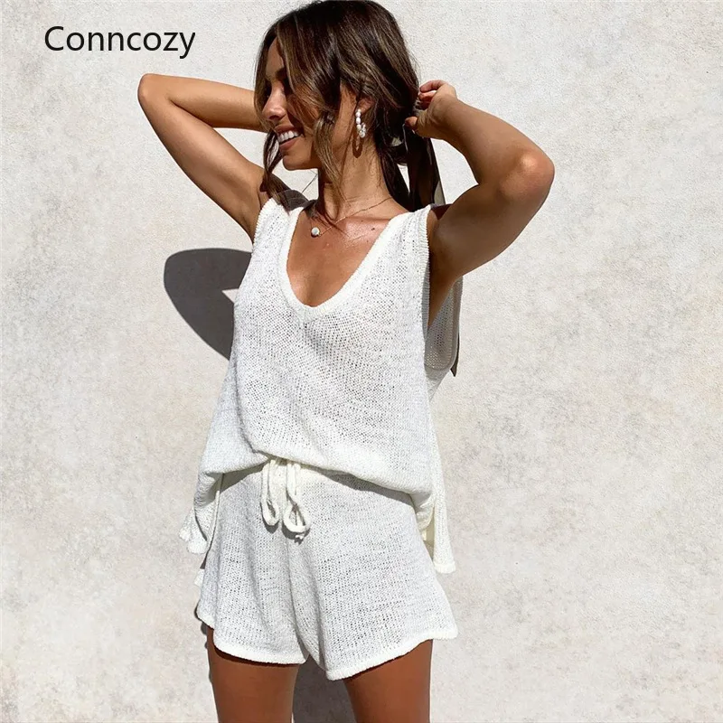 

Summer Fashion Suit Casual Deep V-neck Vest Solid Color Simplicity Tether Knit Drawstring Female Two-piece Suit Casual Outfits