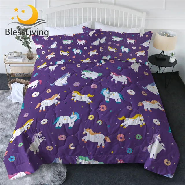 BlessLiving Unicorn Bedding Set Colorful Donuts Air-conditioning Comforter Cartoon Quilt Cute Colcha Verano Purple Home Decor 1