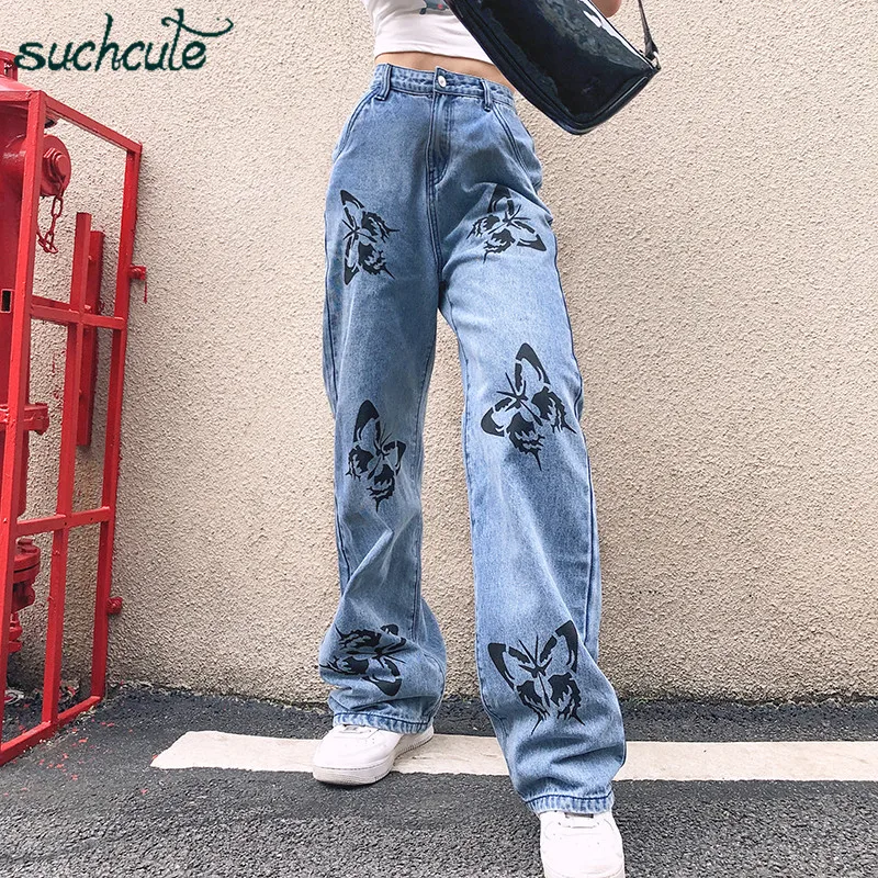 SUCHCUTE с принтом бабочки женские джинсы штаны опущенным низом широкие брюки для