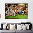 Собаки играют в бильярдный стены фотография смешное животное Холст Печатный постер для украшения гостиной