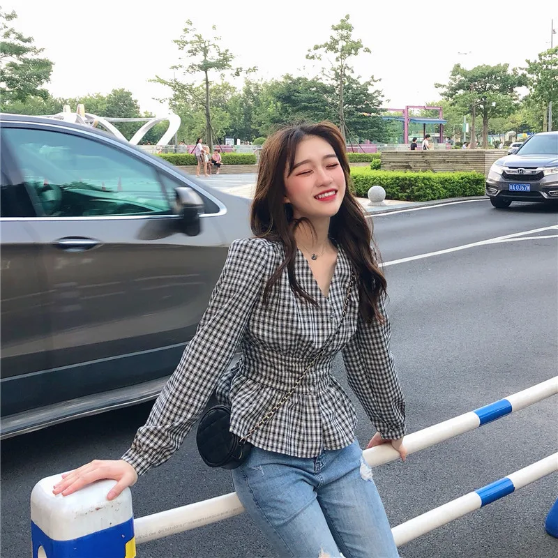 

Women Blouses Long Sleeve Leisure Street Wear V-neck Plaid Slim Stylish Pleated New Office Lady Korean Style Elegant Fashion