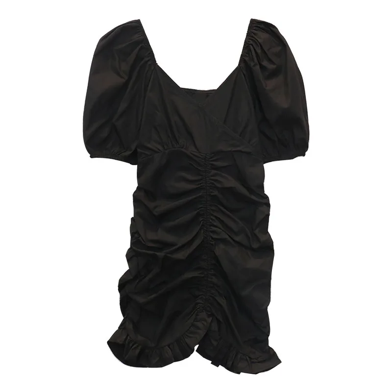 

Women's Bubble Sleeve White Dress Summer 2021 New Design Sense V-neck Pleated Waist Tight Slim and Sexy Dress