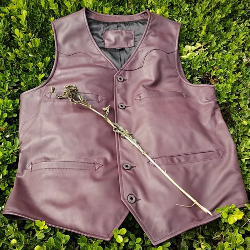 

Vintage Biker Men Real Leather Sleeveless Jacket Brand V-Neck Slim Single Breasted Vest Multi-Pockets Business Casual Waistcoat