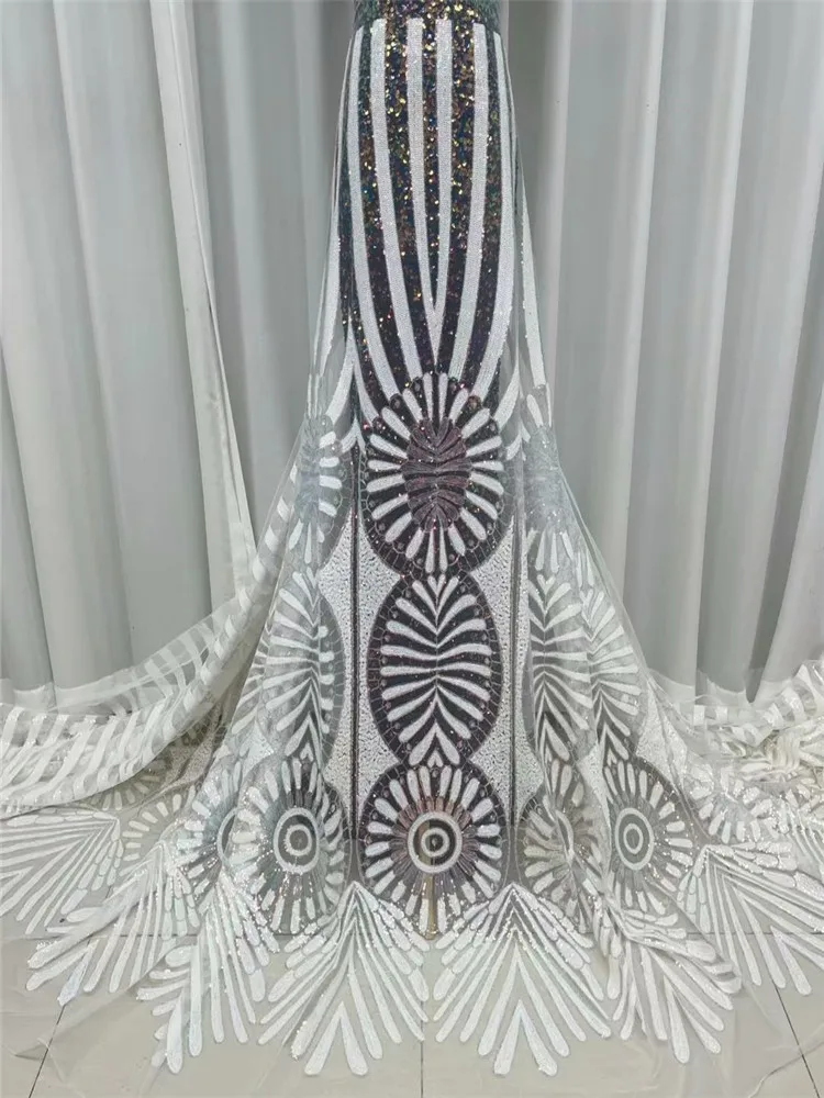 White African Embroidery Tulle Lace Fabric 2021 High Quality French Milk Silk With Sequins For Party 5 Yards FYU342 | Дом и сад