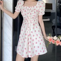 2021 summer women strawberry fairy chiffon dress casual korean style sweet elegant mini dress kawaii bandage party dress women