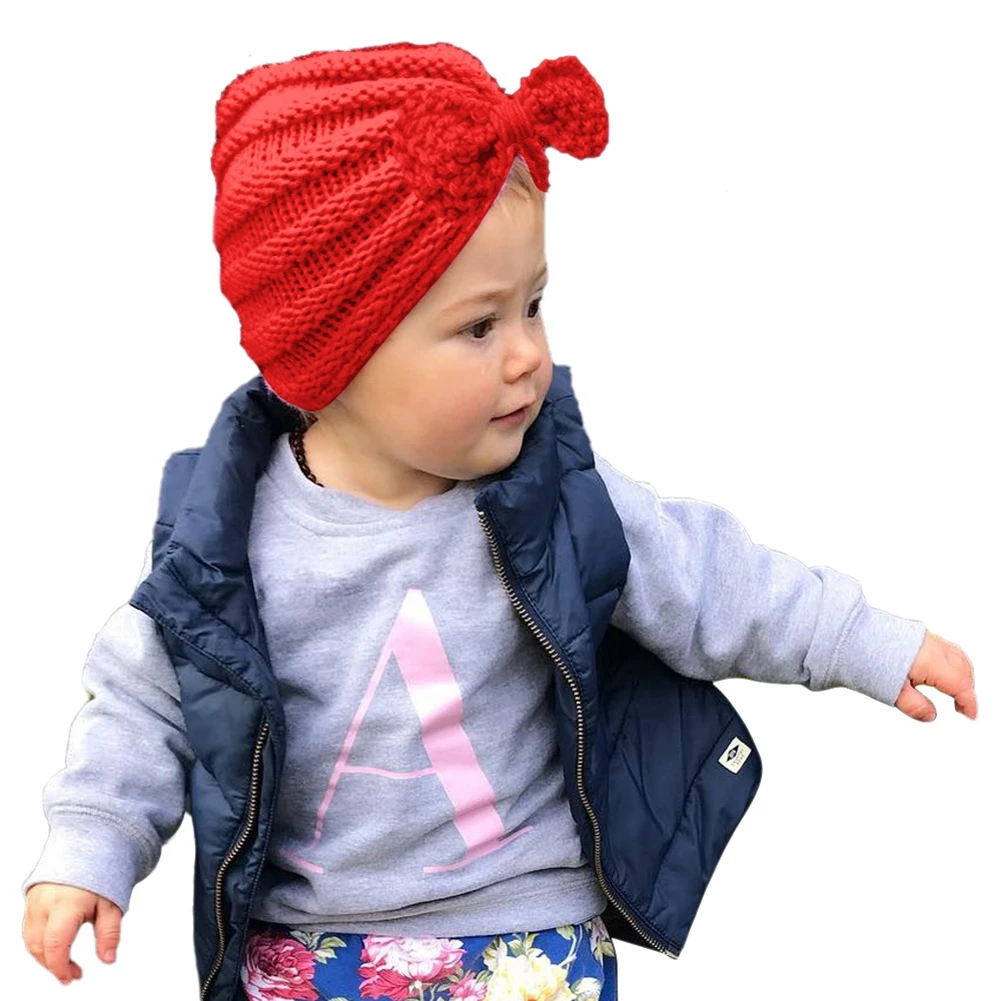 

Newborn Baby Girls Children Knot Bow Wool Hat Autumn Winter Warm Pleated Hat Kids Solid Knitted Hat Cap