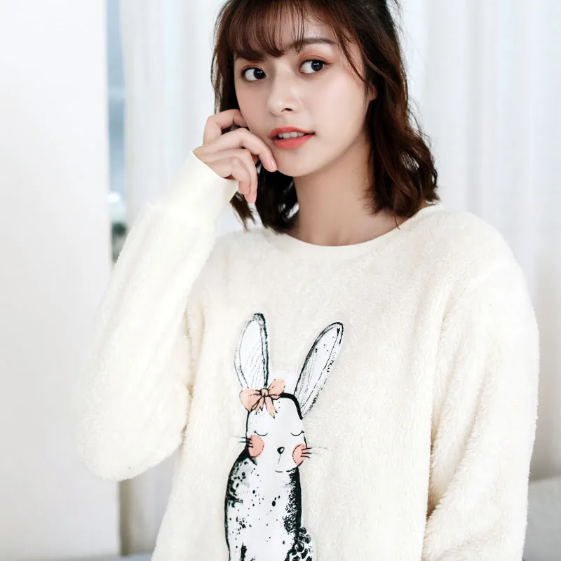 

2021 Cartoon Autumn Winter Warm Flannel Women Pyjamas Sets Thick Coral Velvet Long Sleeve Sleepwear Thin Flannel Pajamas Set