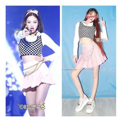 Kpop Blackpink JENNIE корейский танцевальный шоу сексуальный клетчатый жилет белая рубашка и розовая юбка комплект из двух предметов Женский Летний милый комплект из 2 предметов