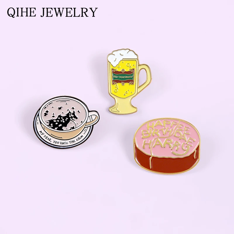 

Coffee Beer Birthday Cake Enamel Pin Movie Creative Brooches for Women Men Custom Lapel Pins Backpack Hat Badge Jewelry Gift