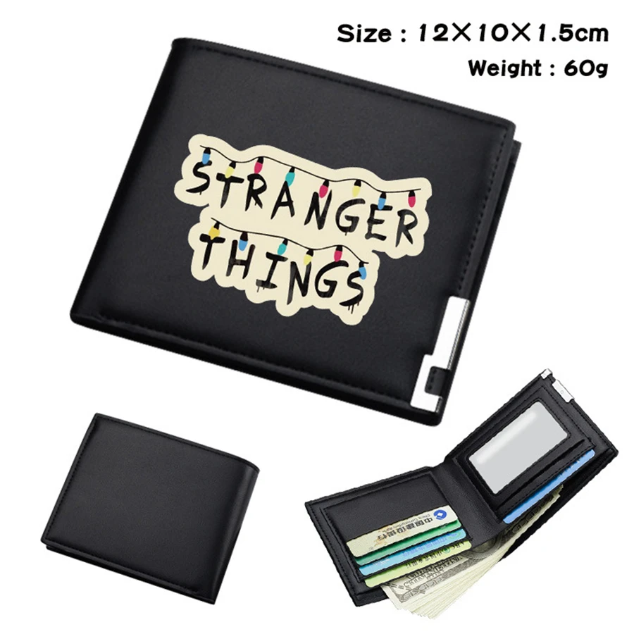 Cute Stranger Things Black PU Wallet Men's Bifold Photo Card Holder Boys Girls Teenager Leather Cosplay Casual Purses Gifts