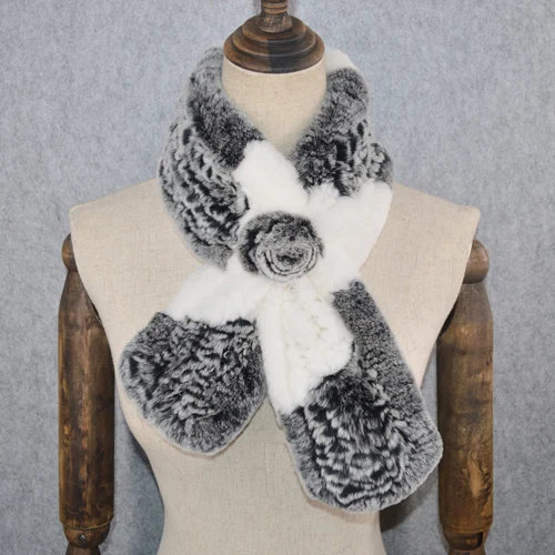 gray and white Хит, Женский Теплый мягкий настоящий шарф из меха кролика Рекс, натуральный мех кролика Рекс, шарф-кольцо для девочек, вязаные шарфы из меха кролика рекс - Цвет: gray and white