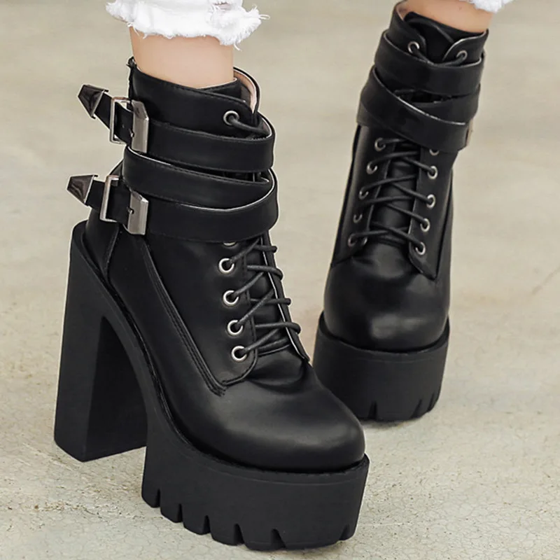 

New Fashion Metal Buckle Ankle Strap Platform Boots Gothic High Heels For Women Lace Up Black Leather Punk Style Ankle Boots