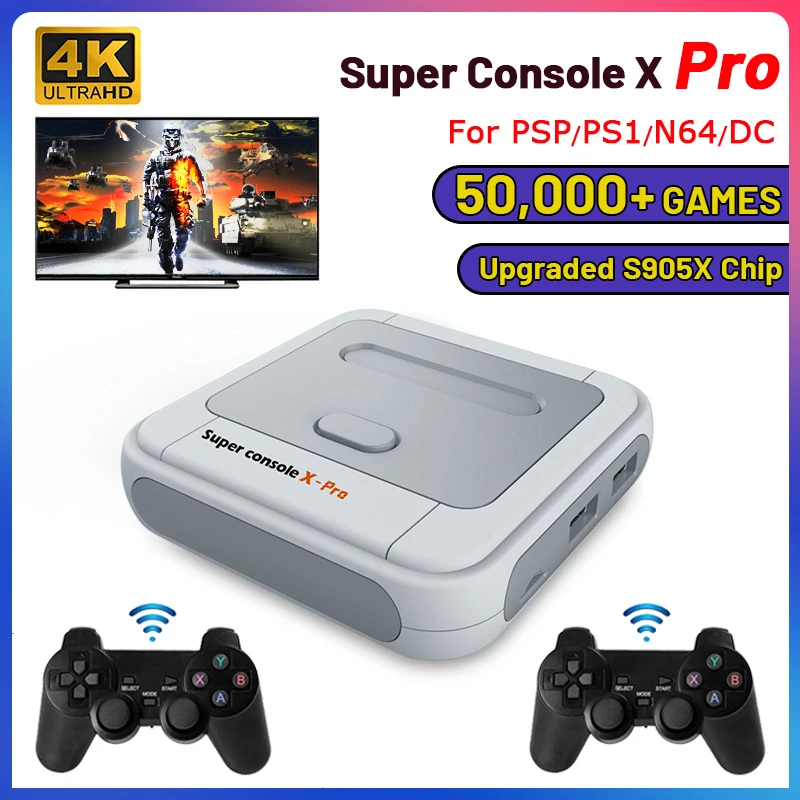 Super Console X Pro 4K HD TV Video Game Consoles For PS1/PSP/N64/DC With 50000+ Games With 2.4G Wireless Controllers
