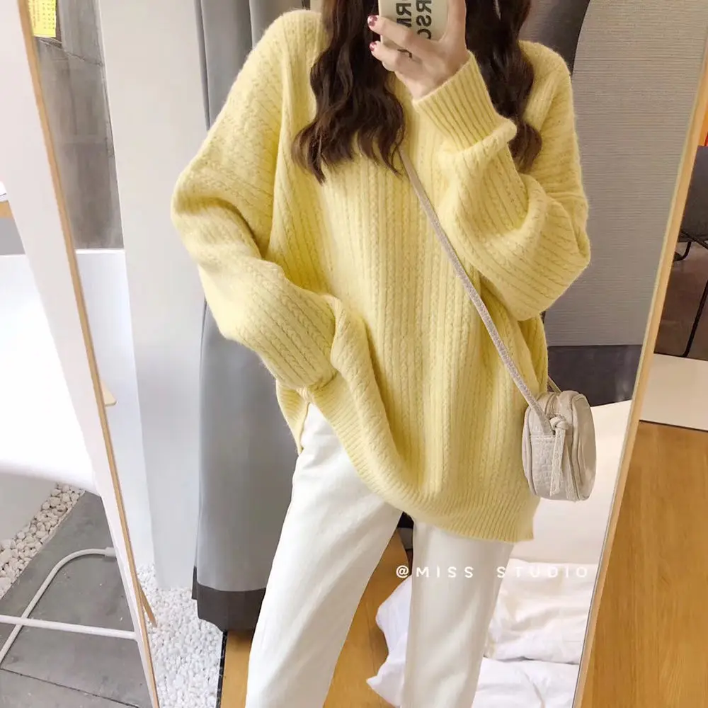 

Women 2021 Autumn Winter New Fashion O-neck Pullover Tops Female Loose Knitted Sweater Tops Ladies Solid Color Warm Tops D660