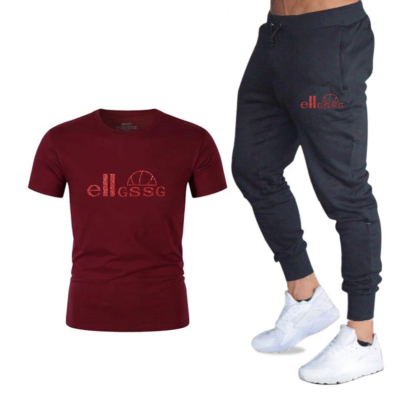 

2021 Pure Color Men's Slim Casual Sportswear Pure Color Men's Slim Jogging Fitness Casual Short Sleeve + Cycling Pants Set