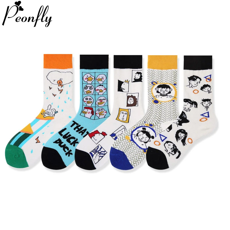 

PEONFLY хлопок Harajuku Happy забавные женские носки милый рисунок персонажа кавайные носки новинка Рождественский подарок для девочек
