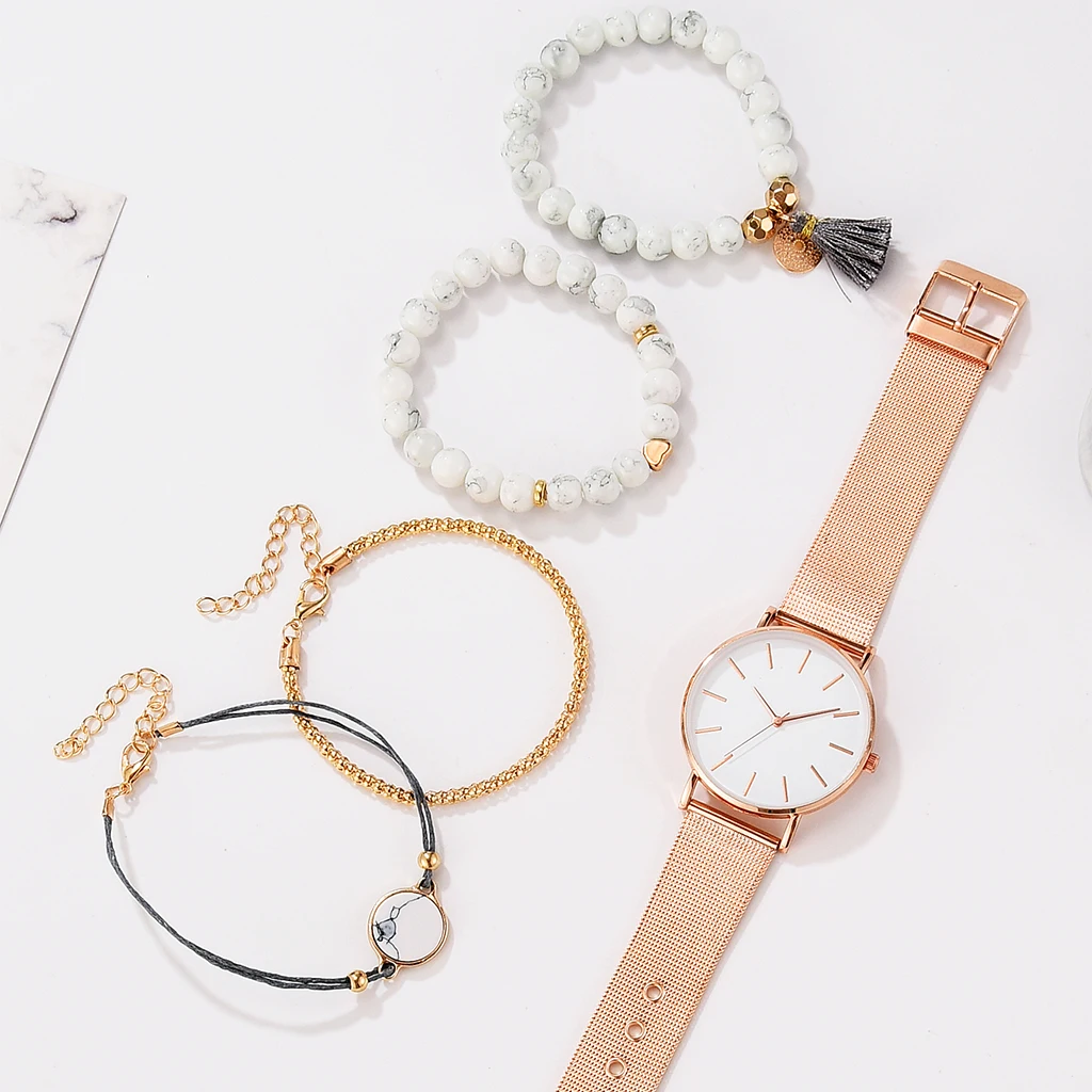 

PopFashion Elegant Women Watch 5pcs Set Bracelet Quartz Movement Simple Waterproof Rose Gold Mesh Ladies Watch Relogio Feminino