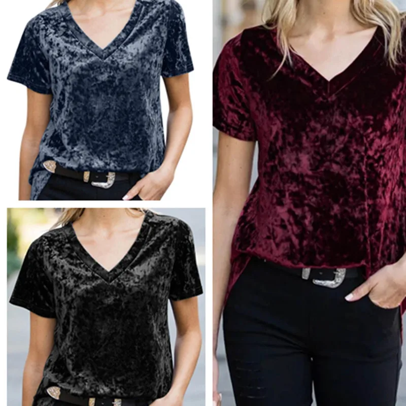 

Gold Velvet Blouse Short Sleeve V-neck Casual 2021 Summer New Tops Fashion Velvet Comfortable Wild Lady Blouse