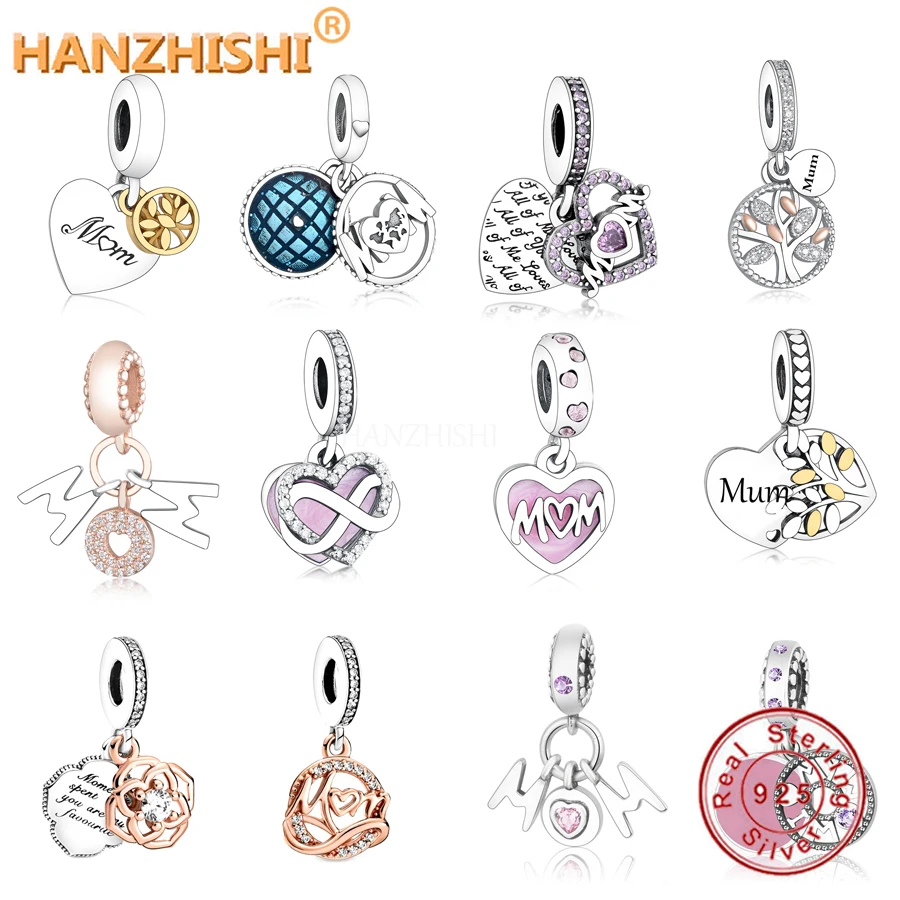 

Mother's Day Gift 925 Sterling Silver Mum Mom Pendant Dangle Charm Heart Beads Fits Original pan Charms Bracelet DIY Jewelry