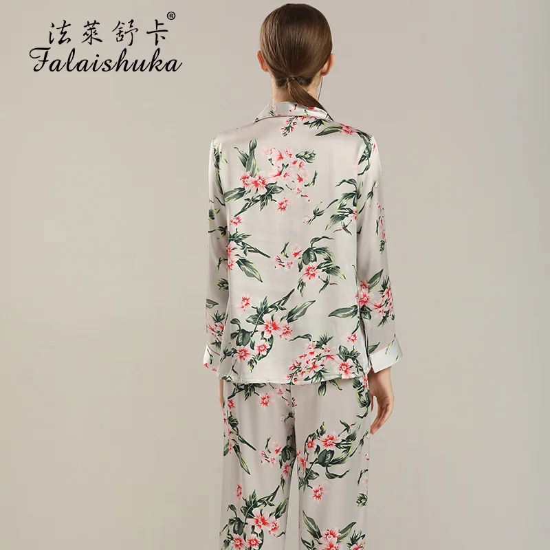 Woman Silk Pajamas Sets Sleepwear Two Pieces Set Floral Print 2021 New Summer Full Sleeve Lady Silk Home Wear Sleepwears