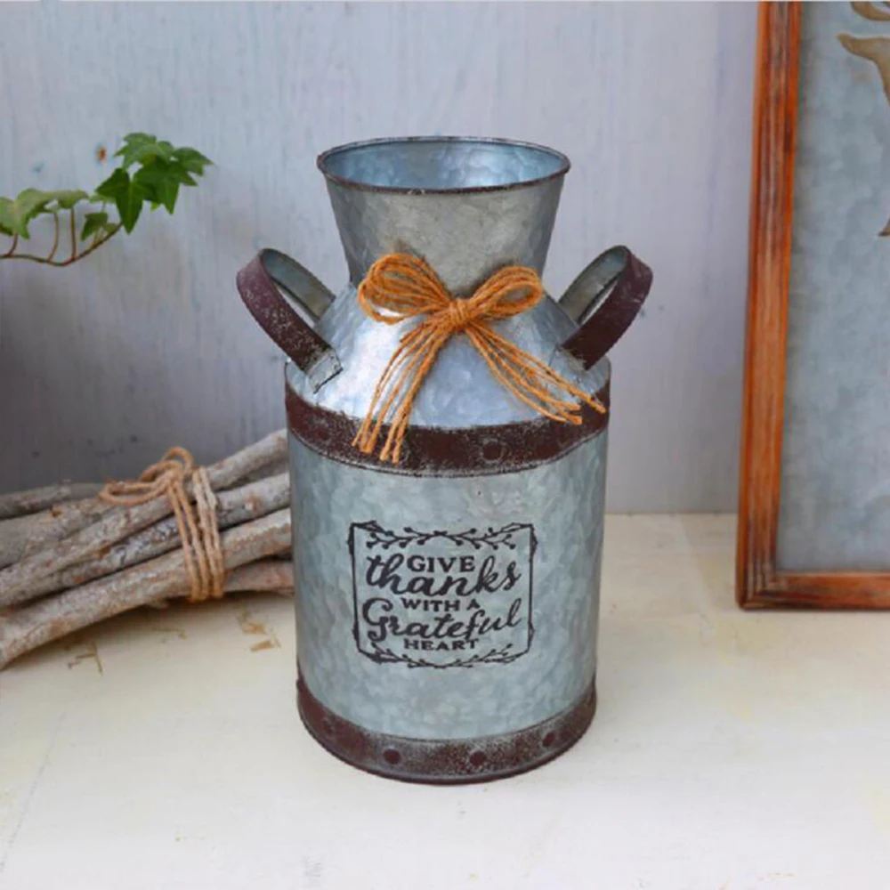 

Country Bucket New Product White Vases Galvanized Tin Flower Pot Antique For Home Decor Retro With Twine
