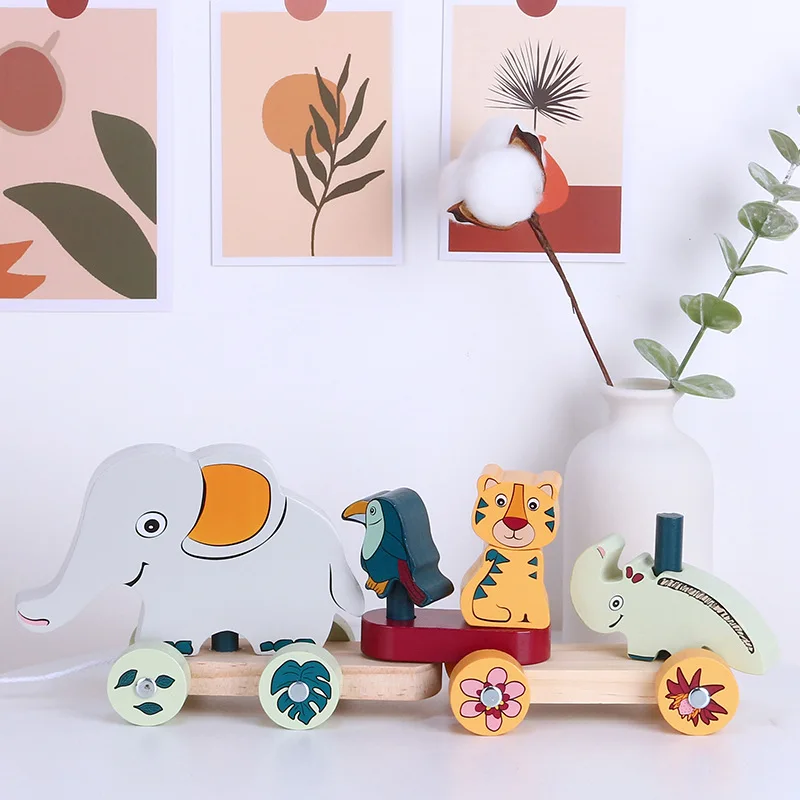 

Children cartoon animal hand pull Trailer column set early education toy hand eye coordination training wooden building block