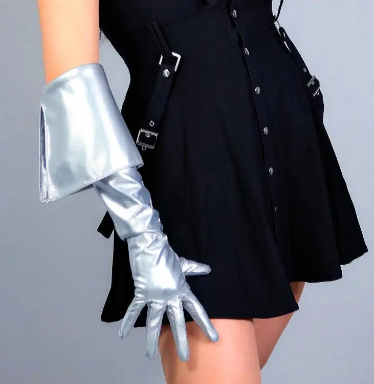 

Women's runway fashion sexy slim faux pu leather split glove lady's club performance formal party silver long glove 65cm R2698