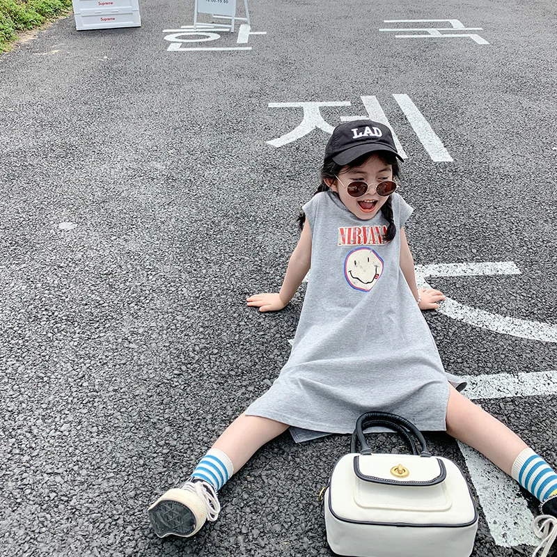 

New Summer Children's T-shirt Back Print Sleeveless Sundress Women's Treasure Medium Long Short Sleeve Children's Clothing
