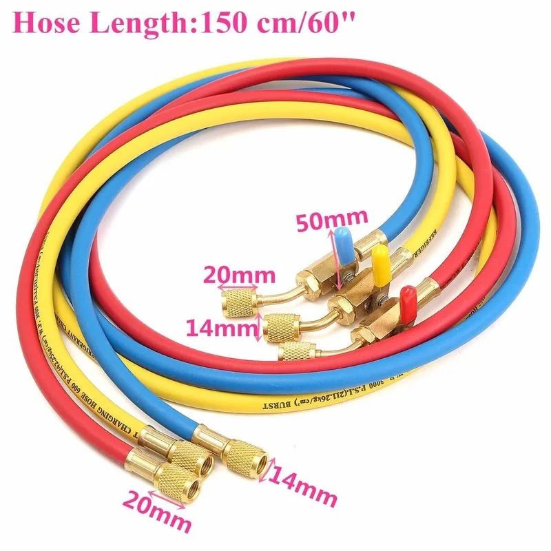 

150cm HVAC 1/4Inch SAE 600 PSIR134a R410a R22 Charging Hoses with Shut Valve High Quality Fast Delivery