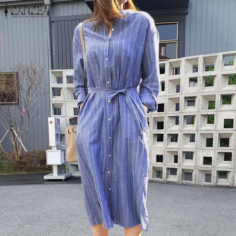 Платье до середины икры 2020 модные женские длинные рубашки Vestidos ZANZEA Женский