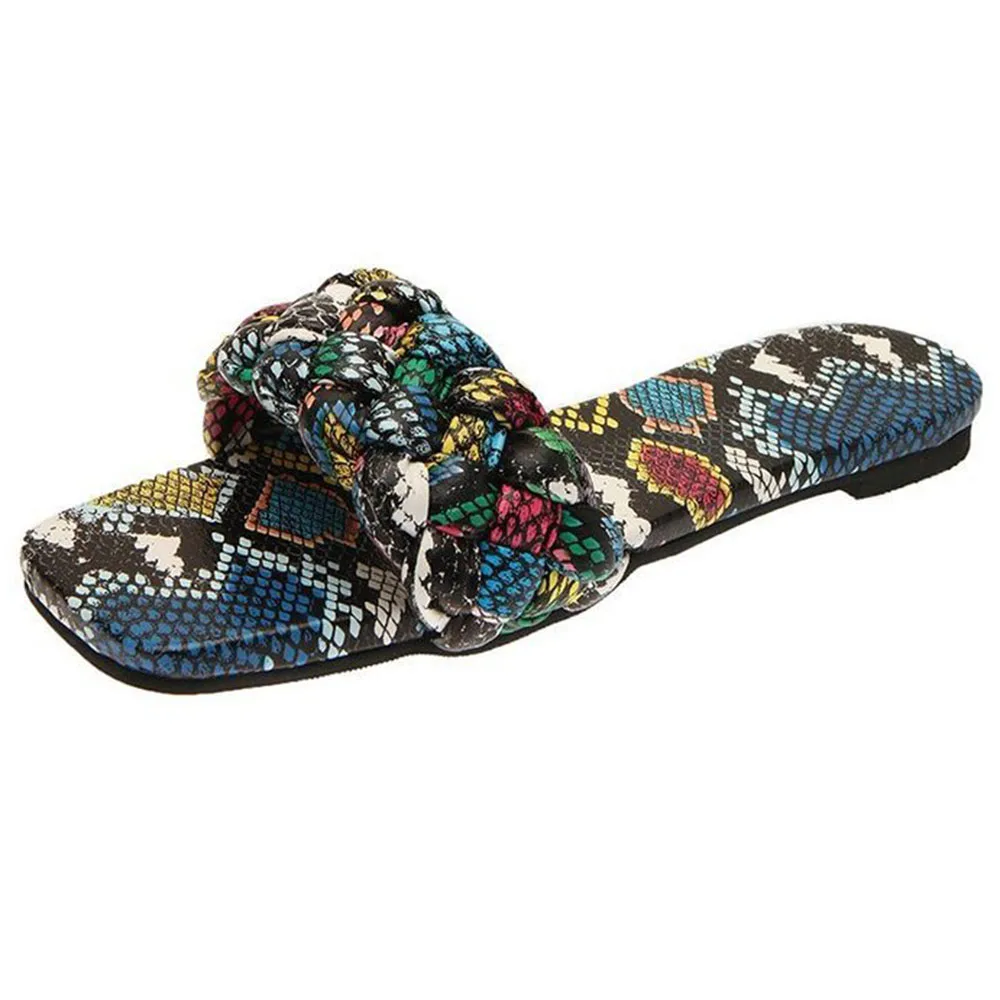 

New Serpentine Slippers Weave Leather Women Sandal Open Toe Flat Casual Slides Summer Outdoor Beach Female Flip Flops hh654