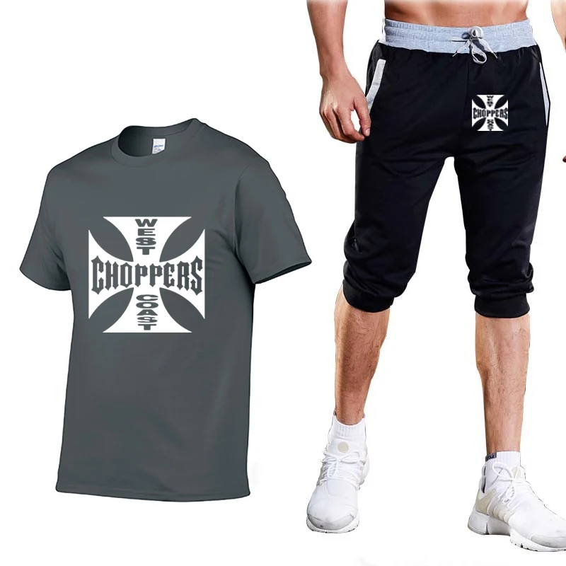 

2021 Summer New Men T-Shirts Rock music West Coast Choppers Printed Short sleeve Men's T-shirt+shorts suit 2pcs