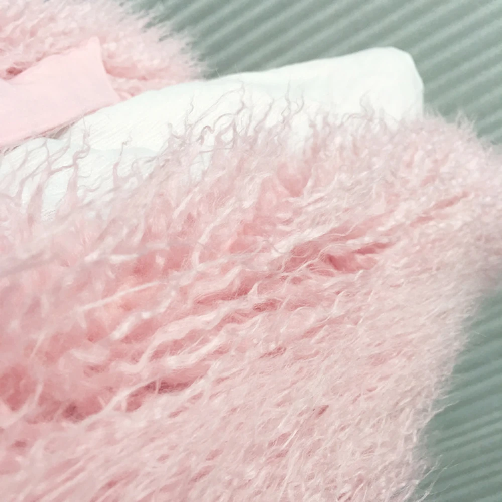 Women Long Mongolian Wool Fur Coat Pink Elegant Faux Fur Coat Fluffy Furry Warm Outerwear Ladies Thick Jacket Lambswool Overcoat