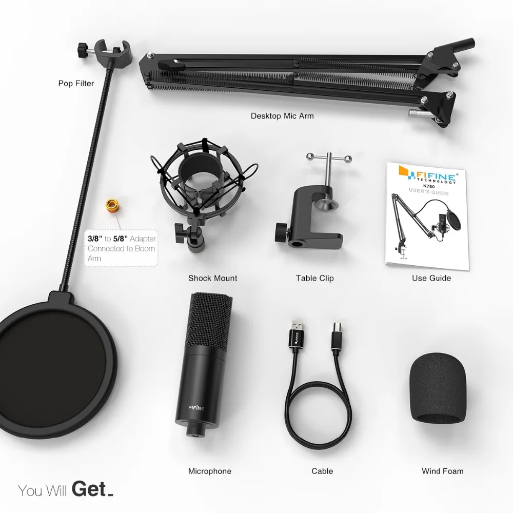 FIFINE USB конденсаторный ПК микрофон с регулируемым настольным микрофоном arm& shock mount для студийной записи YouTube Vocals Voice