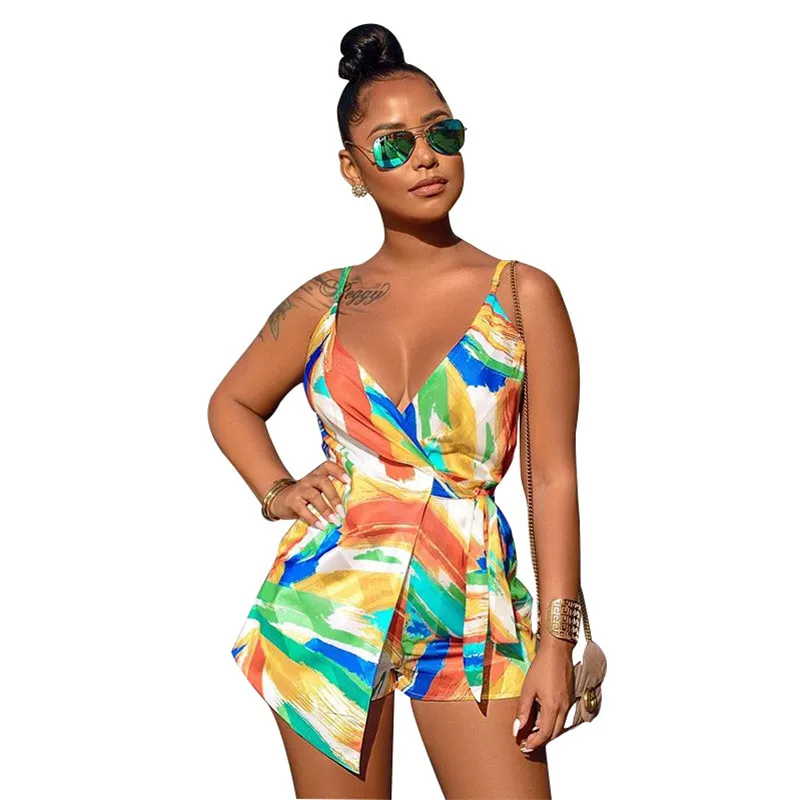 

Women's summer printed condole belt jumpsuit sexy v-neck halter jumpsuit