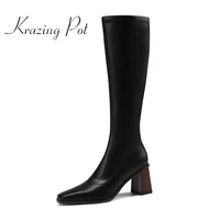 krazing pot big size square toe high heels stretch boots classic colors korean street beauty lady dating thigh high boots l9f6