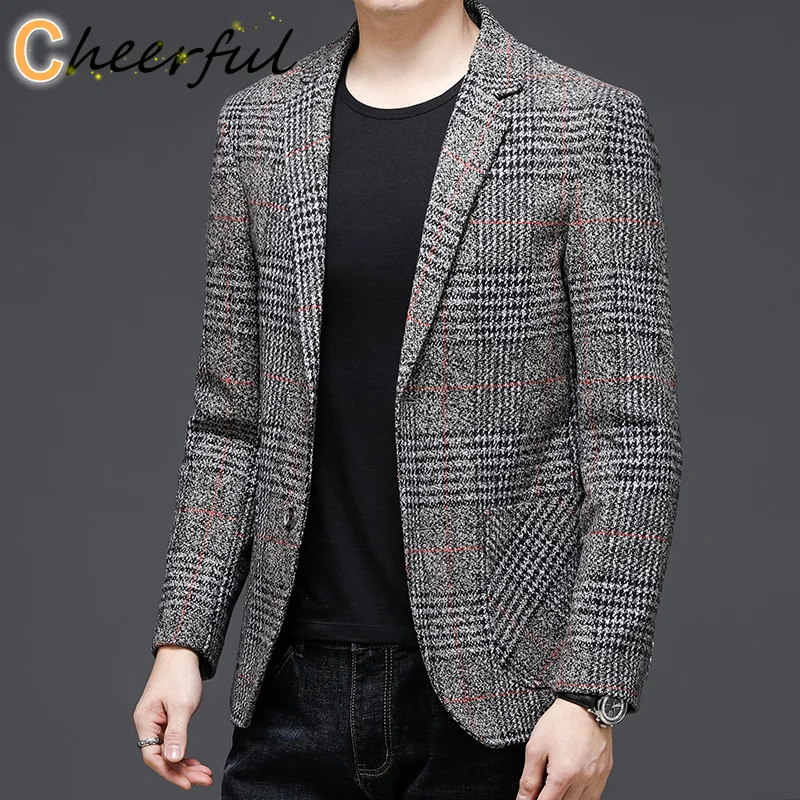 

Мужской твидовый пиджак, классический приталенный Блейзер в клетку, куртка в деловом стиле, повседневная одежда, 2021