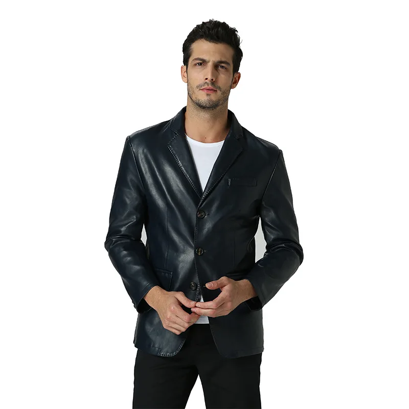 

Fashion Spring Faux Leather Jacket Boy Casual Business Navy Blue PU Leather Slim Fit Oversized Man Jacket Long Sleeve Coat Men