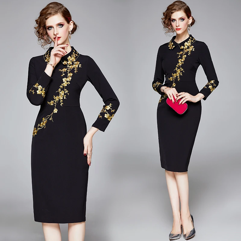 

Fashion Women Autumn Winter Long Sleeve Vintage Embroidery Dress Elegant Designers Office Party Pencil Vestidos Robe Femme