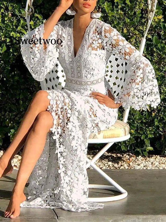 

Women Dresses White Lace Dress Flare Sleeve V-neck Hollow Out Long Sleeve Sexy Long Dresses 2020 Party Vestido de novi